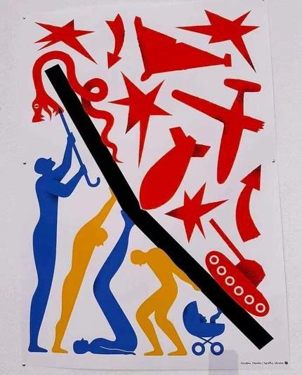Poster showing people (coloured blue and yellow), including a baby in a pram, holding up an open book. The book is shielding them from explosions, aircraft, bombs, and tanks, all coloured red.