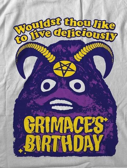 Picture of Grimace from McDonald's with ram horns and an upside down pentagram and the caption "Wouldst thou like to live deliciously/GRIMACE'S BIRTHDAY"