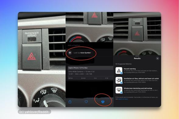 Screenshots von Apples „Nachschlagen“-Funktion für Fahrzeug-Warnsymbole.