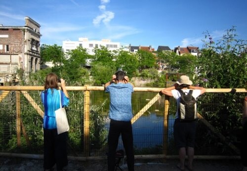 Three people listening to a city swamp with headphones