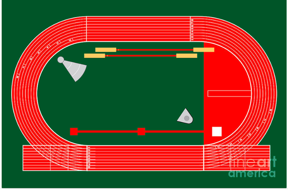 A regulation track and field "stadium" is shown with running lanes and other track and field evens, by College Mascot Designs