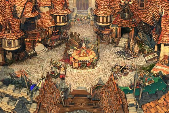 Screenshot from the HD version of the game showing a high shot of a city market.