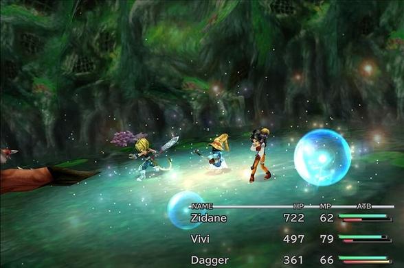 Screenshot from the HD version of the game showing Zidane, Vivi, and Dagger in battle.
