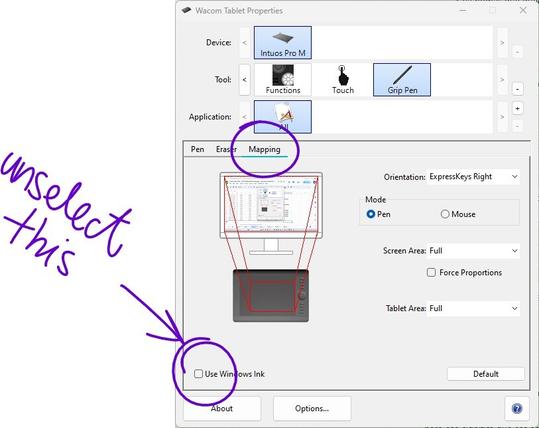 screenshot of the Wacom Tablet Properties, with the Mapping section highlighted and the "Use Windows Ink" deselected