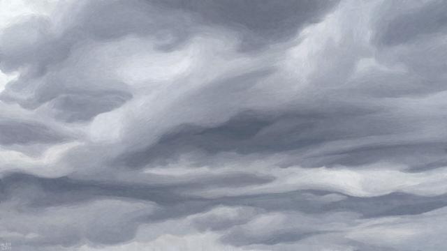 Digital painting of a sky of grey clouds, some shaped like waves and others blurring into one another, all entangled together.
