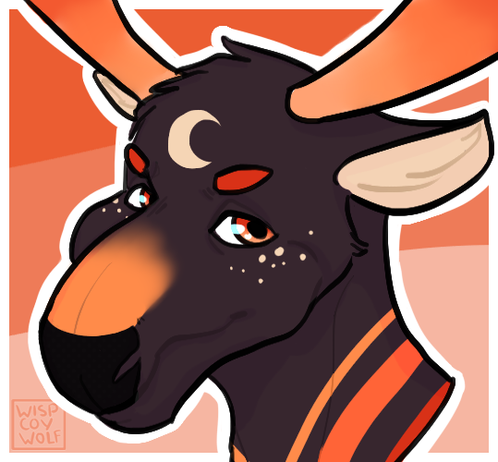 Headshot icon of a dark-furred sunset/moon themed moose