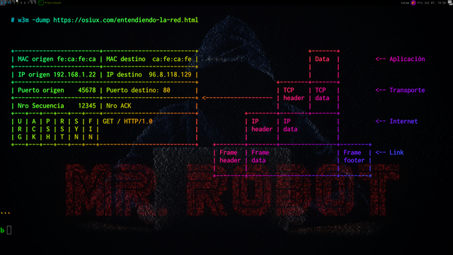 Captura de pantalla con un ASCII-Art de un paquete TCP/IP y un gráfico de las diferentes capas de TCP/IP (Link, Internet, Transporte, Aplicación)