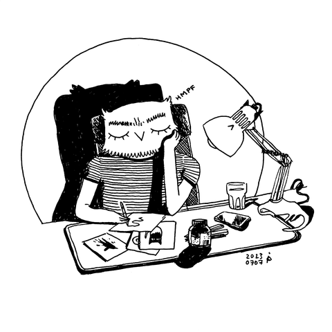 a drawing of a person with an owl head grumpily doodling on a piece of paper. on the desk lie several more pieces of paper with unfinished doodles on them. an ink bottle, a glass of water, and a smartphone are also there. and a lamp that seems to grow out of a cat-like body.