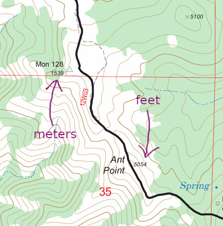 A small square of map with elevations pointed out, one using feet and one using meters.