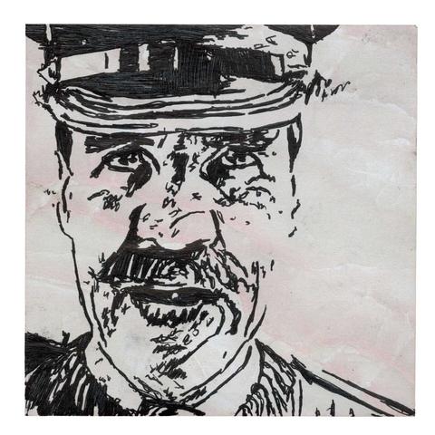 Pen drawing of a military officer looking silly and irritated drawn on a crystal Post-It note.