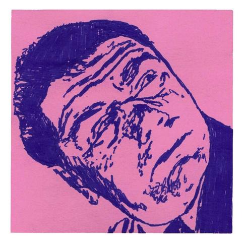 Pen drawing of Ernest Borgnine looking worried drawn on a pink Post-It note.