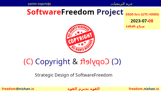 (C) Copyright & tfelypoC (Ɔ) a Strategic Design of SoftwareFreedom.

Copyright حقوق التأليف والنشر  Telif hakkı,  is a type of intellectual property that gives its owner the exclusive right to copy, distribute, adapt, display, and perform a creative work, usually for a limited time.

We focus on Copyright and how it can be used to create a model called 'Copyleft' that advances free software.
Then we take it beyond that and show case how SoftwareFreedom works.