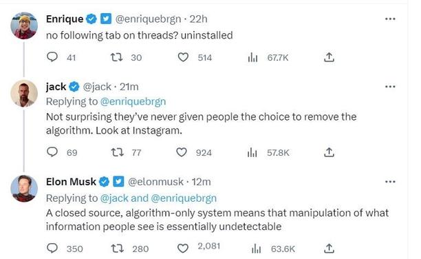 Musk and Dorsey complaining about Threads together