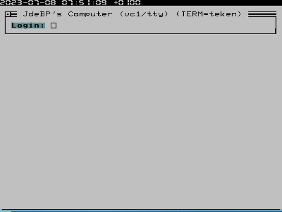 A black on white terminal emulator display showing a status bar with the date and time at the top, and a window made from MouseText below.  The window has a title bar saying "JdeBP's Computer (vc1/tty) (TERM=teken)" and is showing a coloured login prompt with a box-shaped cursor.
