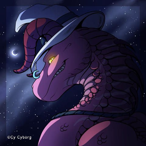 An Illustration of a red dragon looking down and smirking down at the viewer. She is wearing a white witch's hat with a blue crescent moon charm hanging from the brim.