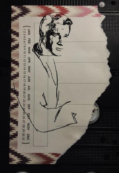 Half finished drawing of a retro-futuristic space man holding a laser gun drawn on a torn weekly planner.