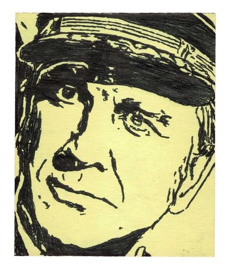 Pen drawing of Leslie Nielson wearing a naval officer uniform drawn a yellow Post-It note.