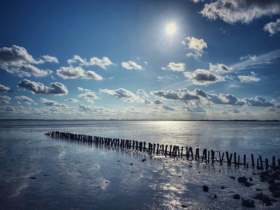 A blue sky with little clouds covers the seaside at low tide in Wilhelmshaven, Germany.