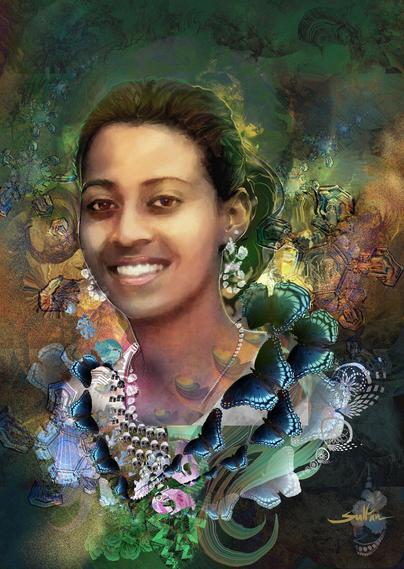 Portrait painted girl, head and neck. Adorned by flowers, butterflies and pearls.
