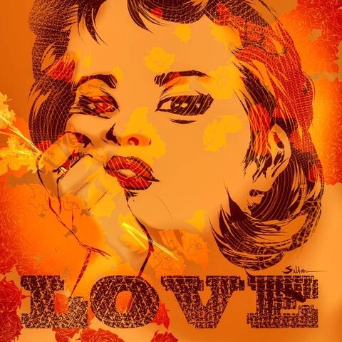 Red and orange over the illustration. A girl holding flowers putting wrist under chin looks at you.