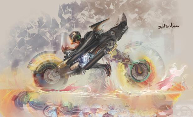 Side view of a biker on a futuristic motorbike. Black outfit and hi-tech helmet.