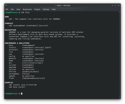 A terminal showing the output of an issued command: sdk help