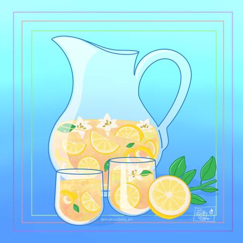 Procreate sketch of pitcher and two glasses of lemonade with white flowers & lemon slices inside. Blue background.