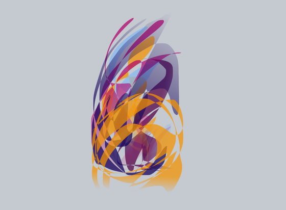 Abstract strokes rising from a single point in orange gold magenta and blue.