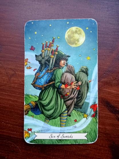 Tarot card 6 of Swords from The Everyday Witch Tarot deck.