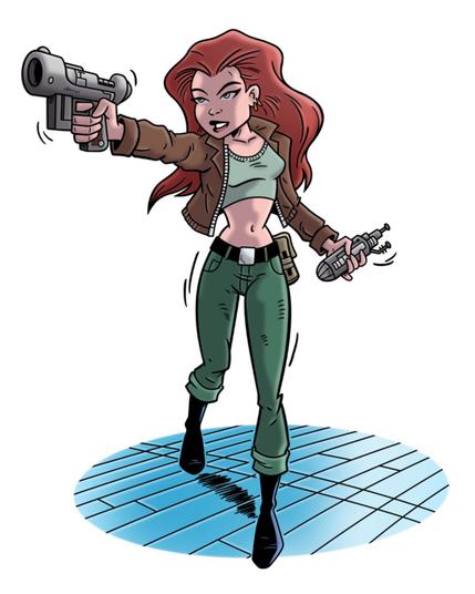 Woman with long red hair
.
She is wearing a brown jacket over a green crop top and dark green pants, her belt and boots are black.

She is standing on a metallic blue grid, is turning to her right,  She has a sci-fi pistol in her right hand which she is holding at eye level. In her left hand is a strange gadget.