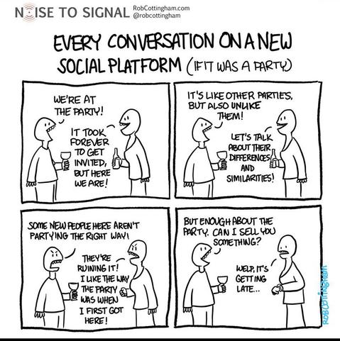Cartoon of two party goers chatting.