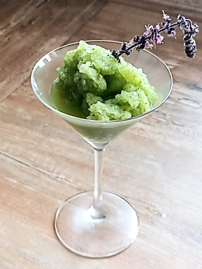in einem Martiniglas die grüne Granita. Das Glas ist von der Kälte beschlagen und als Deko steckt eine lange Basilikumblüte in dem Eis.