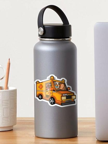 The aforementioned Æmberlance as a glossy sticker on a drink bottle.