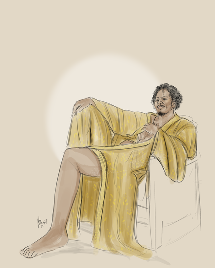 Sketch of Roach. He's lounging on a chair, wearing only Stede's golden battle jacket. He's smirking at the viewer and has gold glitter dusted on his cheeks and cupids bow.