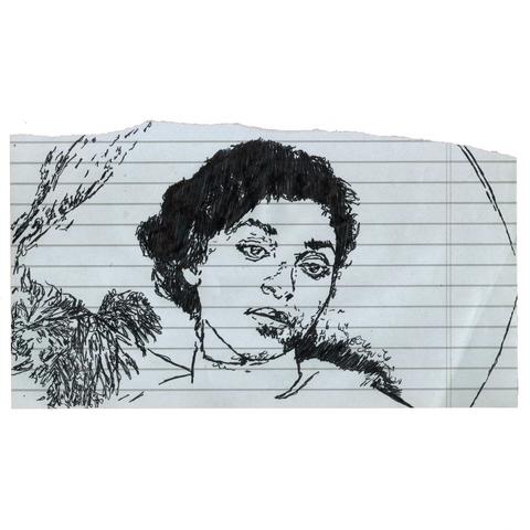 Pen drawing of Vonetta McGee wearing western clothing drawn on a torn notebook page.