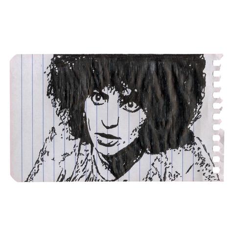 Pen drawing of a Vonetta McGee looking concerned drawn on a torn-out notebook page.