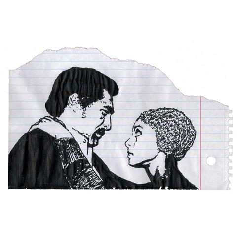 Pen drawing of Vonetta McGee and William Marshall dressed as vampires and embracing drawn on a torn spiral notebook page