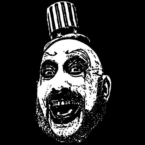 Pen drawing of Sid Haig wearing clown make-up and a tiny top hat as Captain Spaulding smiling and looking disturbed drawn on a black background.