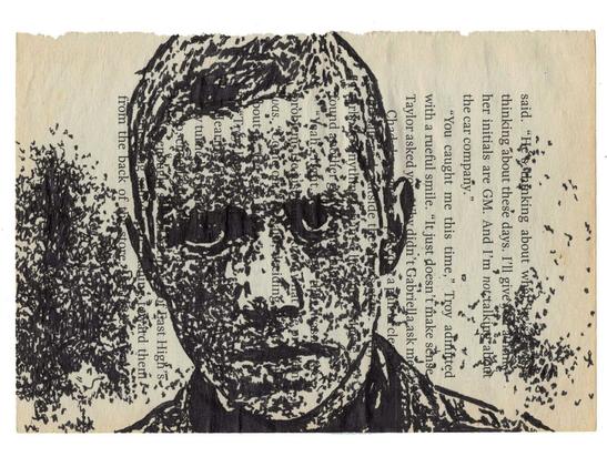 Pen drawing of a young boy looking scared drawn on a torn-out book page.