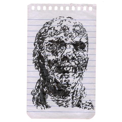 Pen drawing of a skeletal zombie drawn on a torn-out spiral notebook sheet.