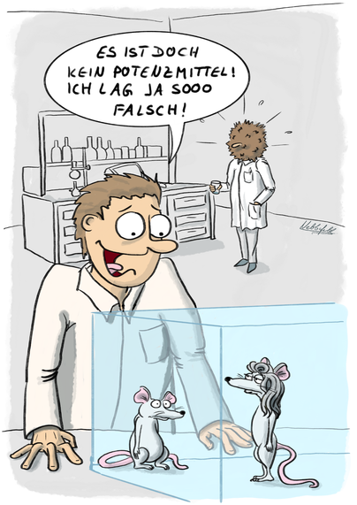 Zwei Ratten sitzen in einem Laborkäfig. Eine trägt wallendes Haar. Der Laborant freut sich riesig mit den Worten: "Es ist doch kein Potenzmittel! Ich lag ja sooo falsch!". Im Hintergrund steht sein Kollege, mit einem leeren Glas in der Hand und einem Wildwuchs von Haaren im Gesicht.