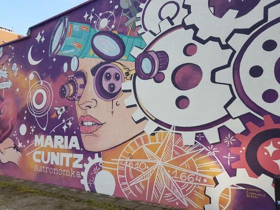 Mural by Iwona Kubarska, Adrian Lipowski & Grzegorz Dziergas in Byczyna (Poland) dedicated to Maria Cunitz, the most notable female astronomer of the early modern era
