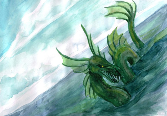 A sea serpent with several fins drawn with watercolour swimming in the sea. The sky is slightly clouded. The perspective of the drawing is tilted.
