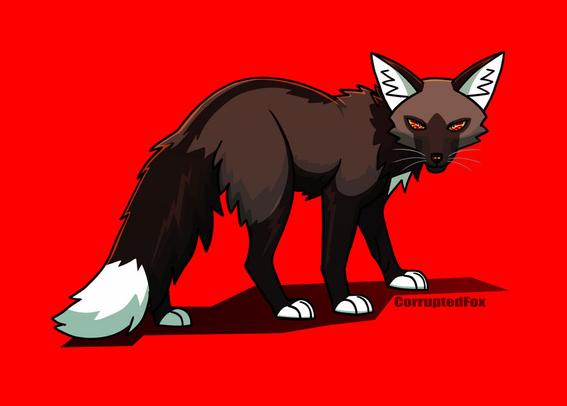 A full body of a silver vixen in front of a red background. She is looking at the viewer with red/ yellow eyes menacingly.
Digitally drawn.