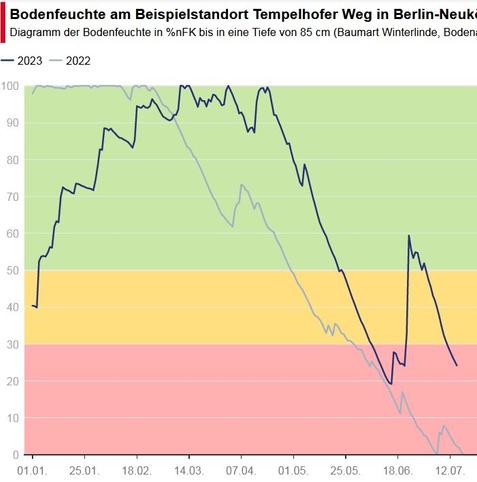 Ein Linien-Chart zeigt die Bodenfeuchtigkeit in Berlin, welche aktuell im gelben Bereich - circa 50% - liegt. Die Regenfälle der letzten Tage haben die Kurve kurzzeitig vom roten in den grünen Bereich gehoben, von wo die Kurve nun wieder steil absinkt.