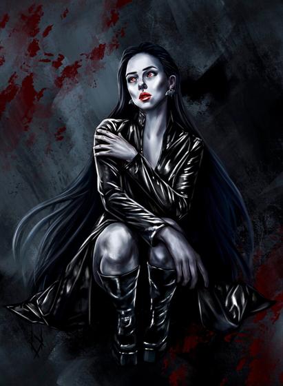 Digital illustration depicting a vampire girl. She is squatting in a black latex cloak, in massive black latex boots. She has long black hair and red eyes.