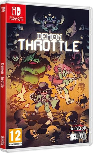 Portada del videojuego Demon Throttle para nintendo switch, podemos ver a los personajes principales luchando contra diversos monstruos en una ilustración muy molona