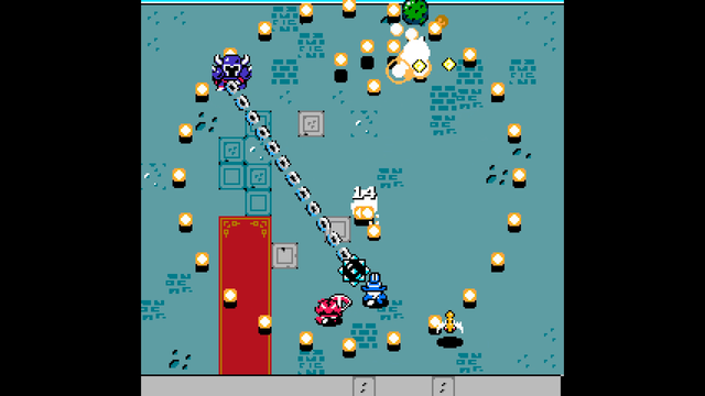 Captura de pantalla del juego de estilo pixel art en la que se puede ver a los personajes luchando contra un enemigo en una vista desde arriba
