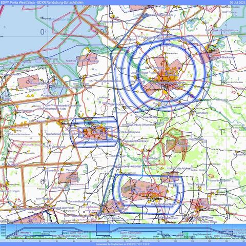 Flugstrecke, bestehend aus schnurgeraden Abschnitten, von Porta Westfalica nach Rendsburg auf einer Luftfahrtkarte. Darunter ein Höhenprofil des Fluges ebenfalls mit konstanten Abschnitten.