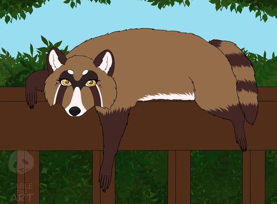 Art of a raccoon character looking at the camera. Her legs are dangling over the edge of a wooden fence/railing with foliage in the background